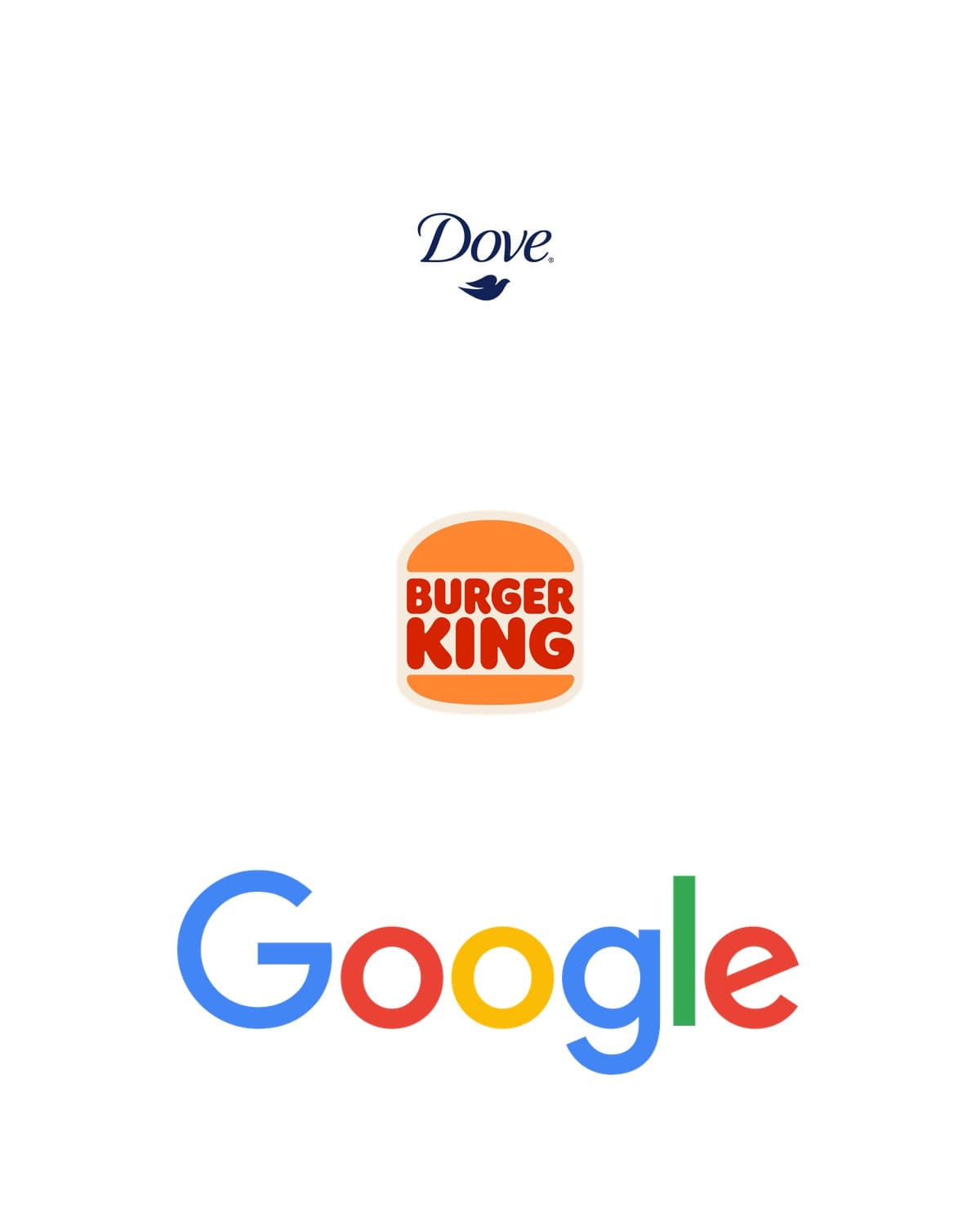 Logotipos da Dove, do Burger King e do Google empilhados, cada um num cartão branco.