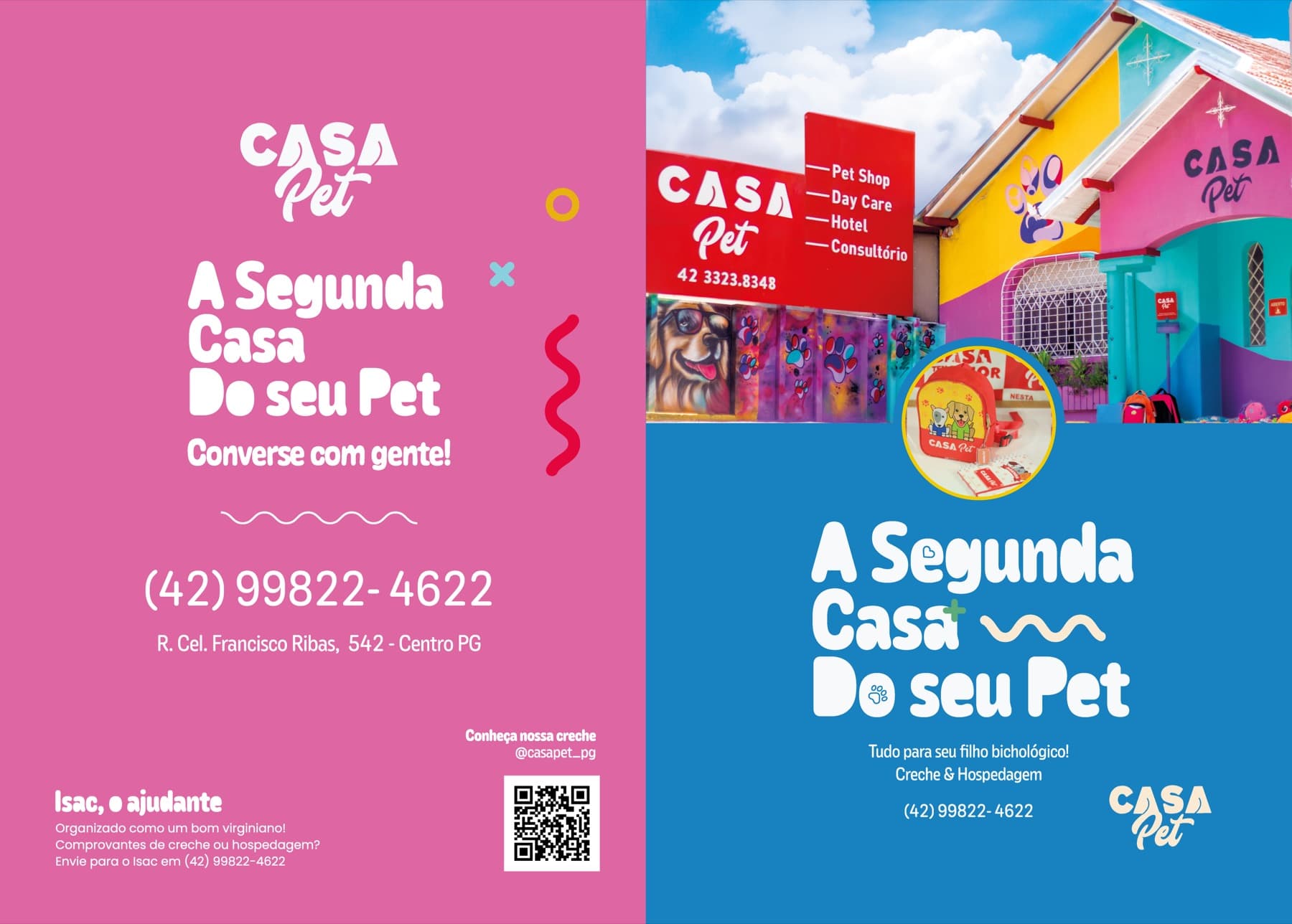 Folder impresso da Casa Pet com fotos da fachada e contato