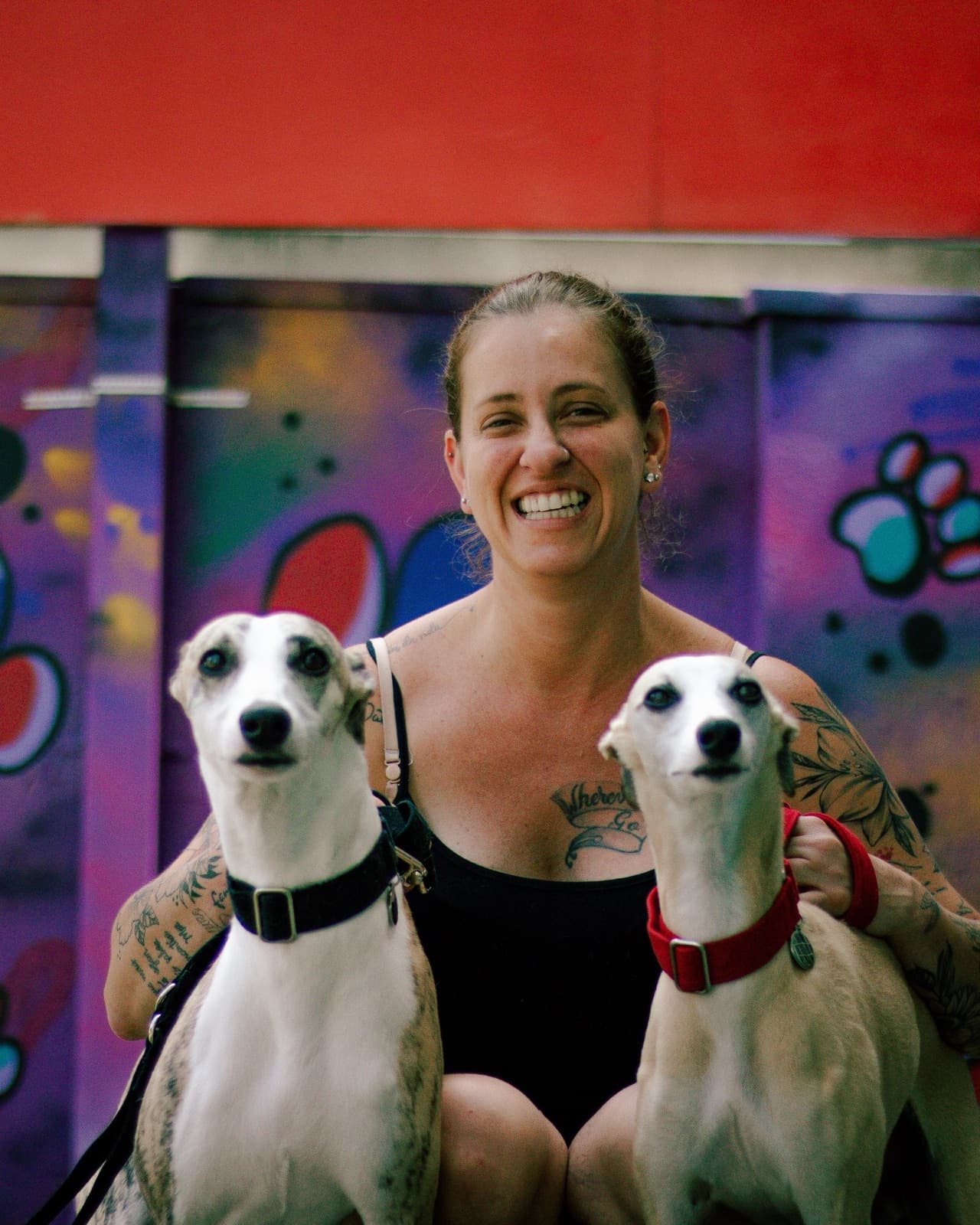 Tia Drê, médica-veterinária e fundadora da Casa Pet, agachada e sorrindo entre dois whippets, em frente ao muro pintado com patinhas coloridas