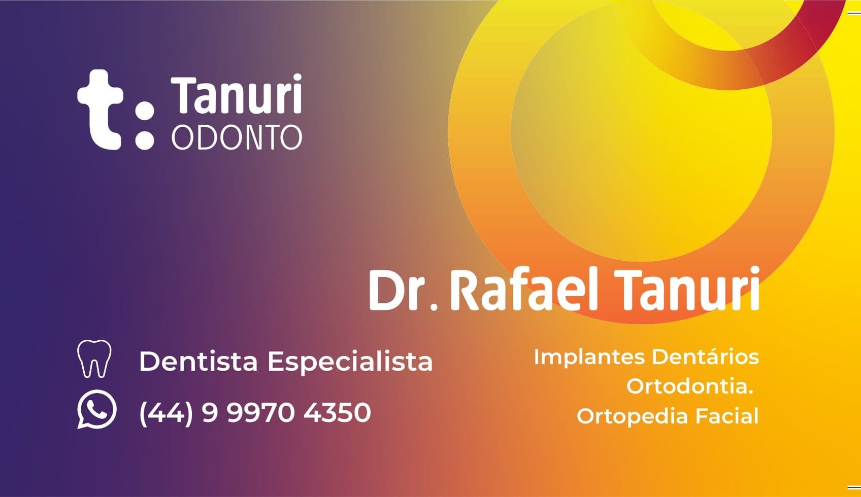 Verso do cartão de visita da Tanuri Odonto com o nome do Dr. Rafael Tanuri e especialidades