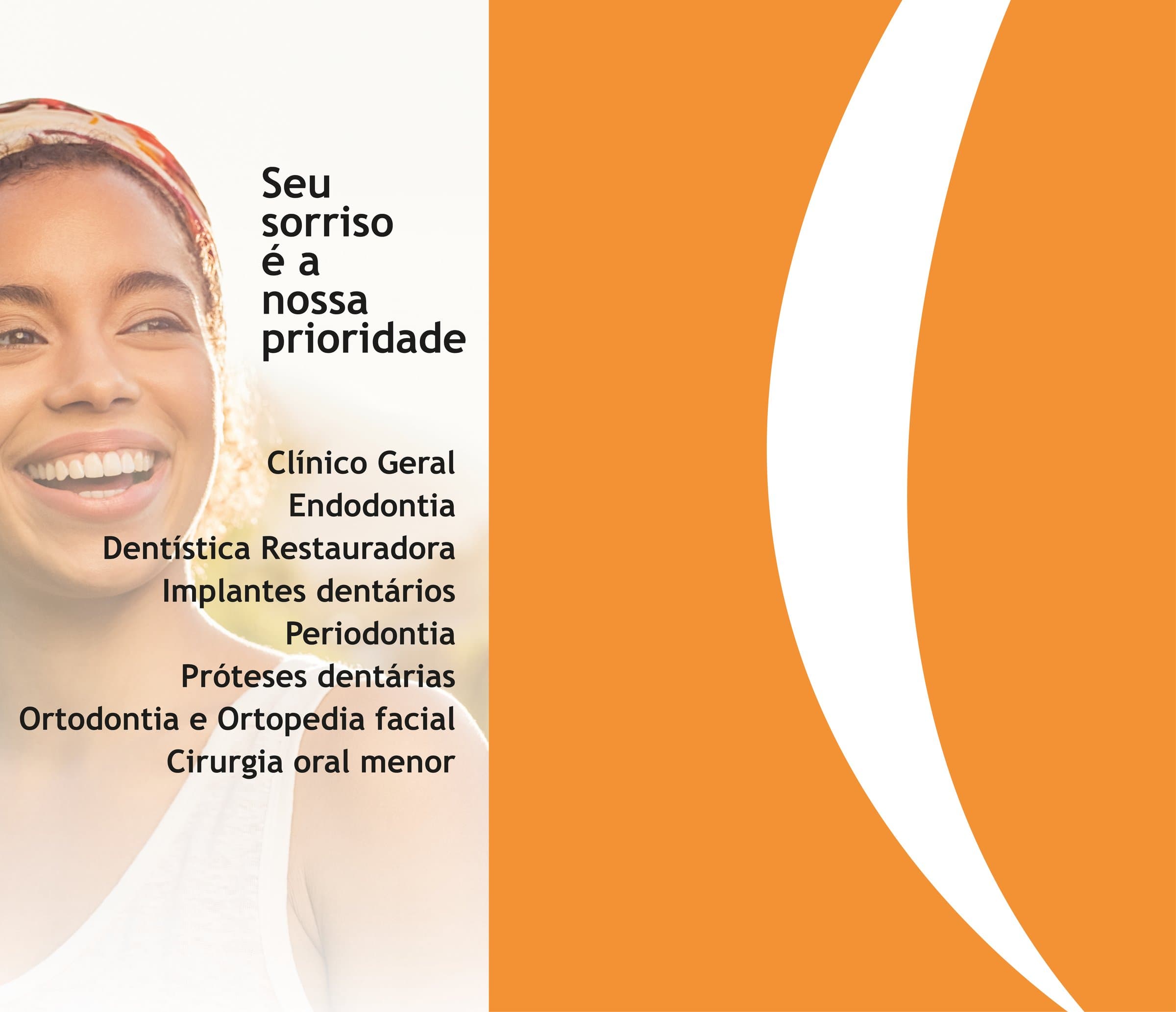 Arte de fachada da Tanuri Odonto: retrato sorrindo ao lado da lista de especialidades e um arco em gradiente laranja
