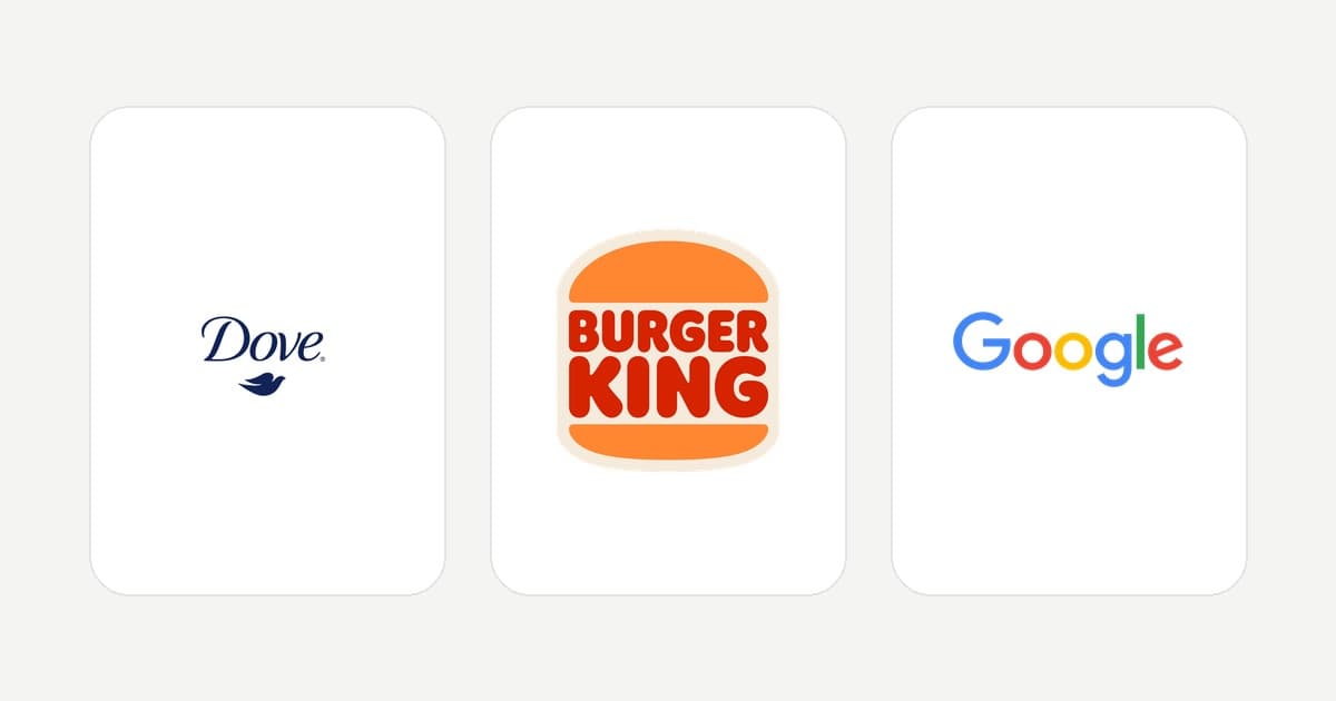 Logotipos da Dove, do Burger King e do Google lado a lado, cada um num cartão branco.